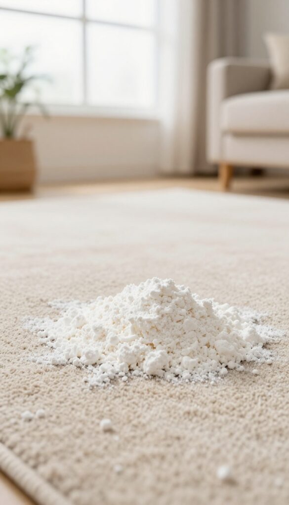 Cornstarch powder applied to a grease stain on a beige carpet in a bright room