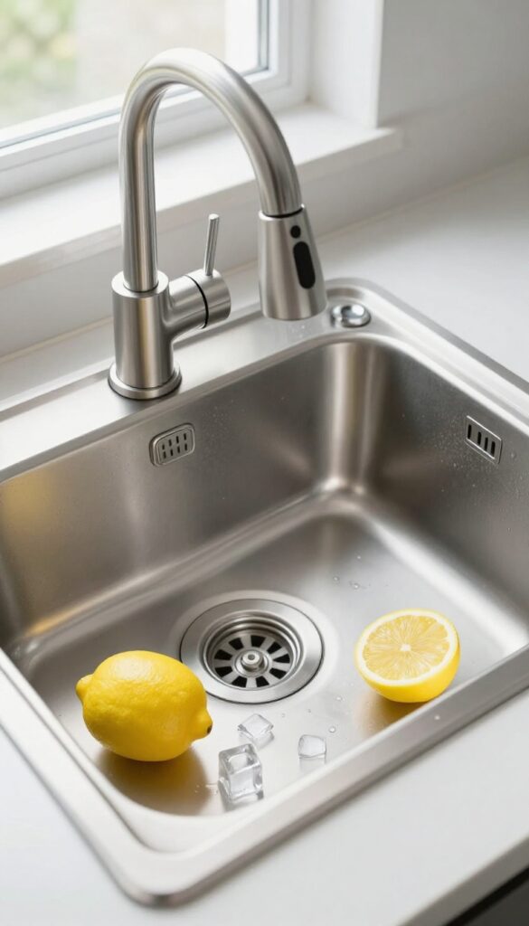 Kitchen sink with lemon peels and ice cubes near garbage disposal, bright natural light