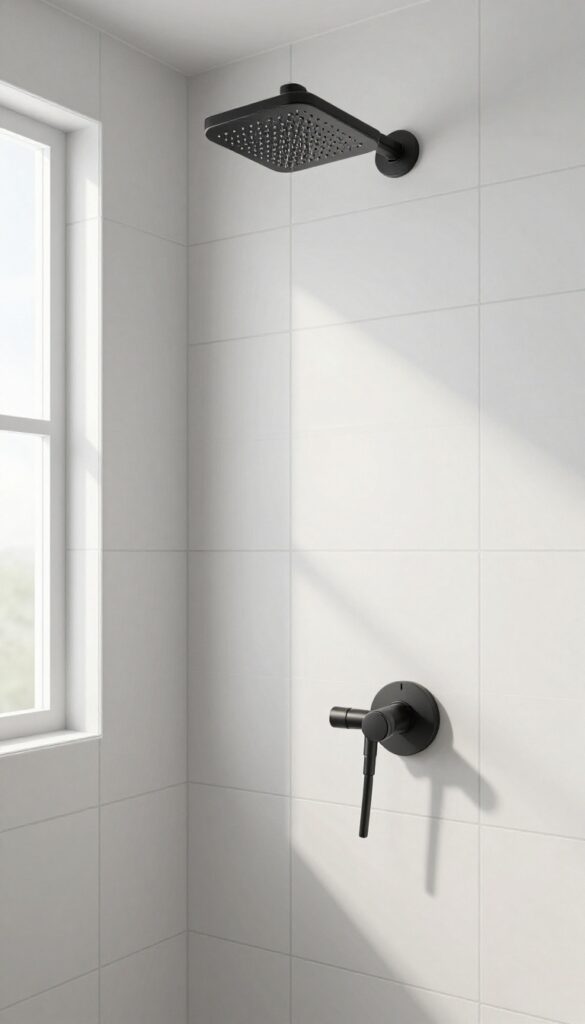 Bright bathroom shower with white diamond geometric tiles, rain shower head, and matte black fixtures