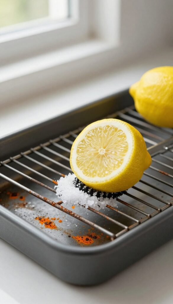 A lemon half dipped in salt scrubbing a rust spot on an oven rack