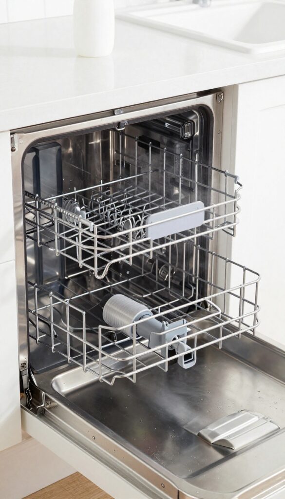 Oven racks placed upright in a dishwasher for cleaning