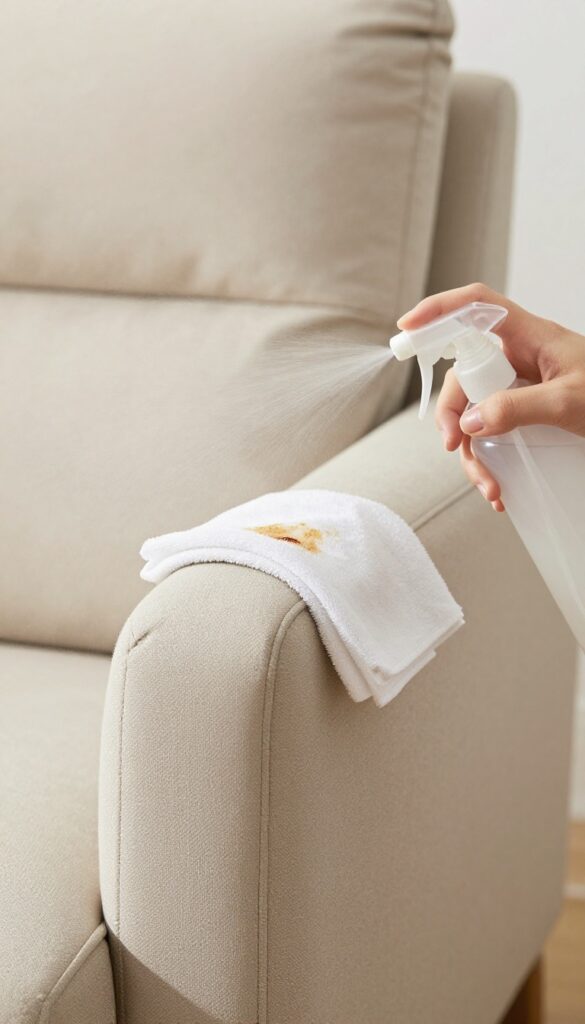 Person cleaning an upholstered chair with a DIY vinegar solution spray bottle and cloth.