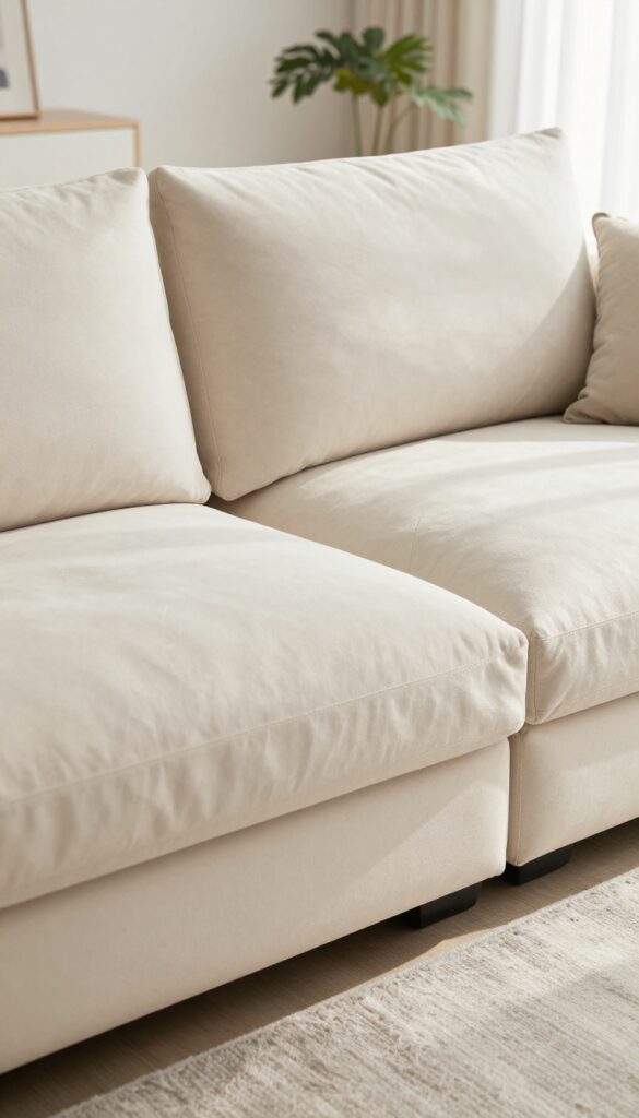 Removing cushion cover from couch in bright living room