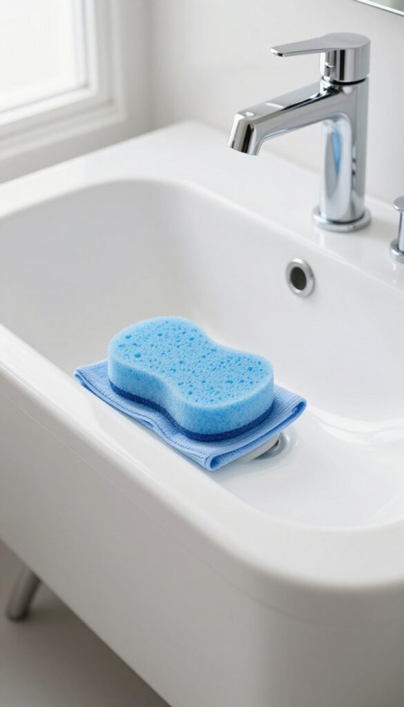 Clean bathtub and sink with sponge and cloth, bright natural light