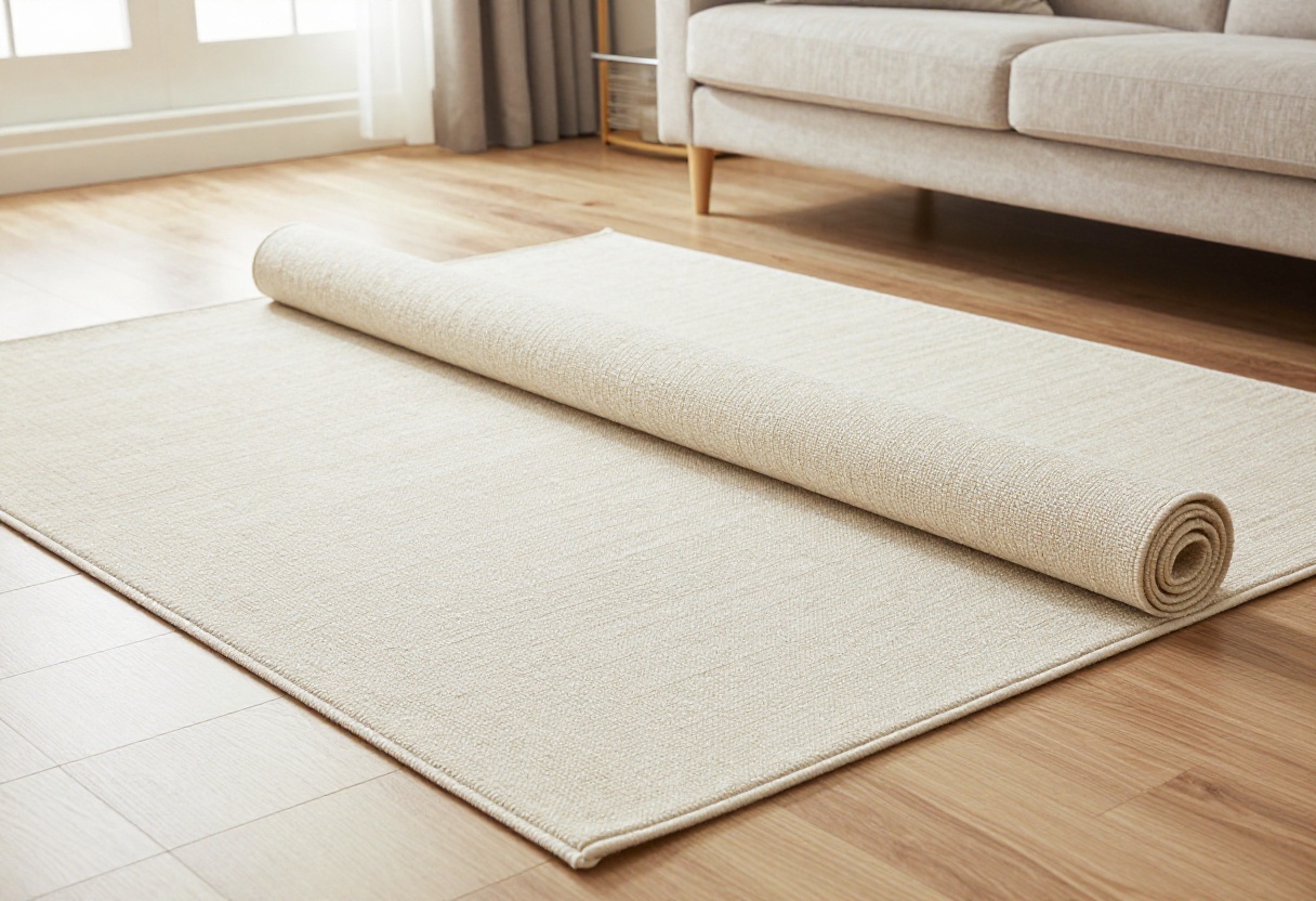 A clean textured rug in a bright living room with soft natural light, showing fresh fibers and no stains.