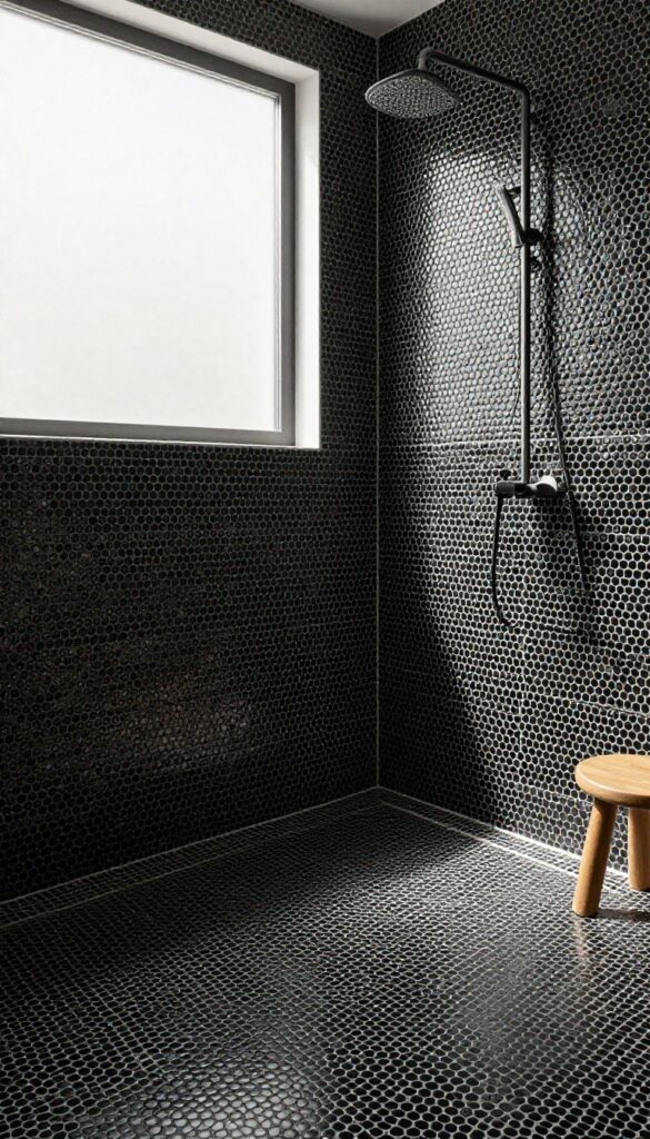 Black penny tile shower with white grout, natural light, vintage charm