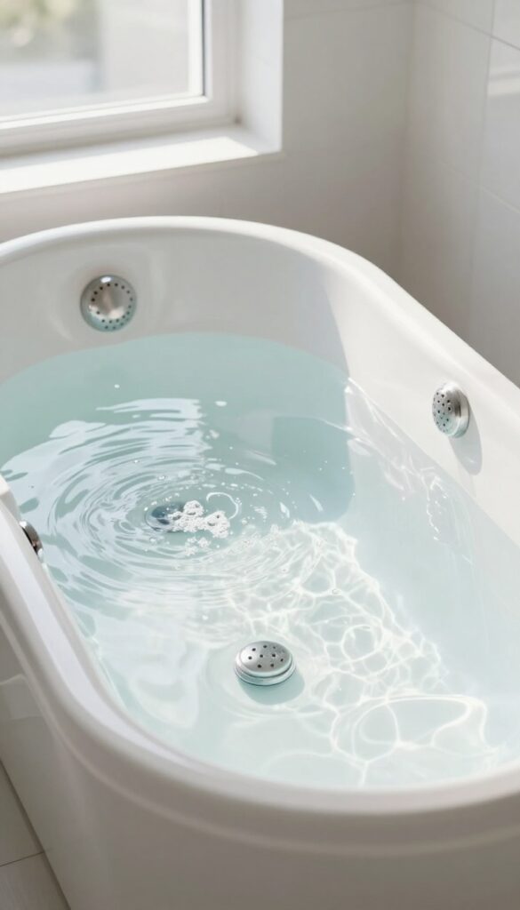 Clean jacuzzi tub with cold water and running jets, bright natural light, bathroom setting