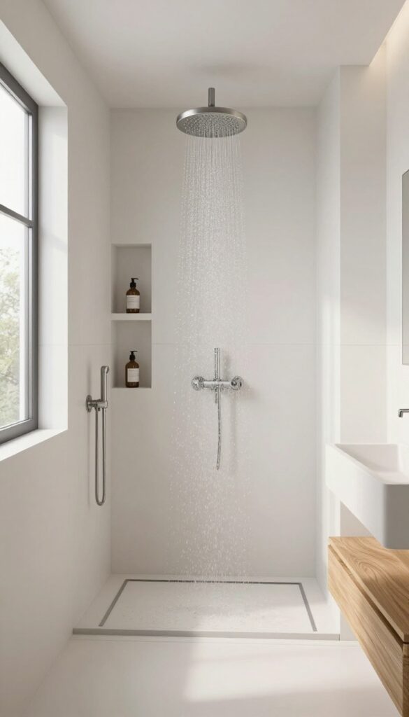 Small bathroom with ceiling-mounted rain showerhead, free wall space, recessed niche, grab bar, linear drain, curbless entry, natural light