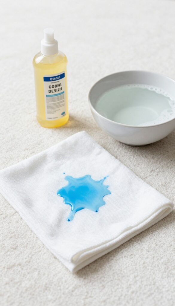 Blotting a fresh blue paint stain on a white carpet with a cloth and dish soap solution.