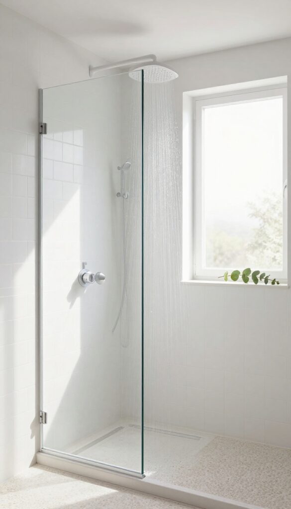 Modern bathroom with rainfall showerhead, white subway tiles, pebble floor, and natural light