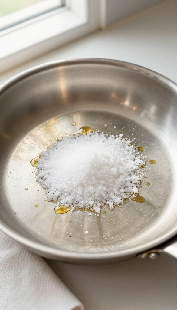 Close-up of salt and oil scrub on frying pan bottom for cleaning