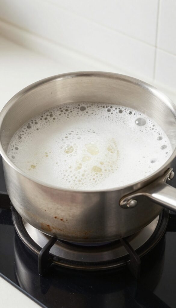 Vinegar and baking soda fizzing in a burnt stainless steel pan to remove stubborn residue