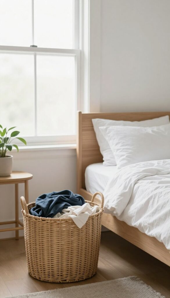 A tidy bedroom featuring a woven laundry basket beside the bed, with clothes inside and no clutter on the floor.