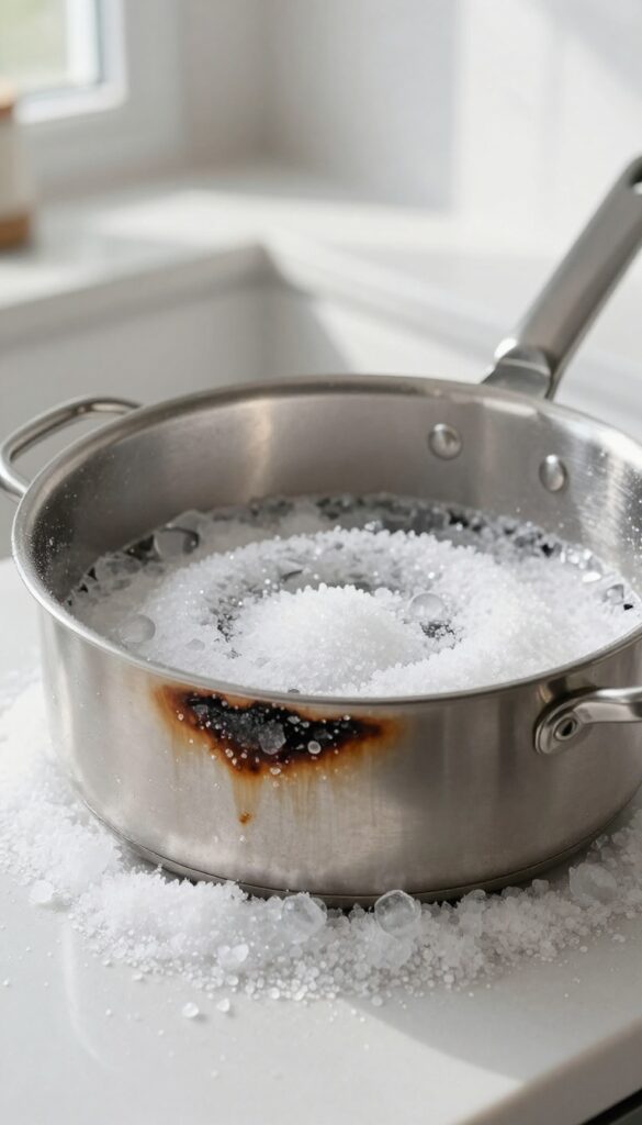 Cleaning a burnt pot with salt and ice cubes on a stainless steel surface