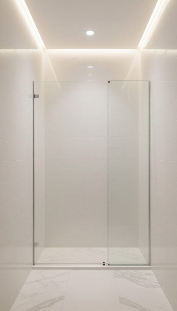 Small bathroom shower with light color palette, glossy white tiles, recessed lighting, and backlit mirror creating an airy, spacious feel.