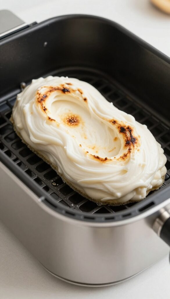Cream of tartar paste applied to a stained air fryer basket with a soft sponge nearby.