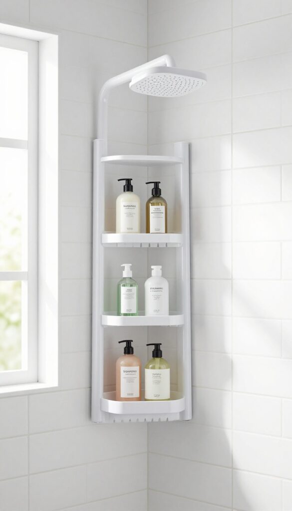 Corner caddy hanging in a shower with toiletries on shelves