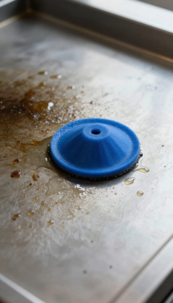 Blue non-scratch scouring pad on a Blackstone griddle with water and partially removed grease spots.