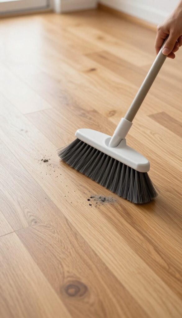 Person sweeping hardwood floor with soft-bristle broom to prevent scratches from grit and debris.