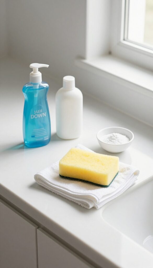 Cleaning supplies arranged on a bathroom counter for cleaning blinds