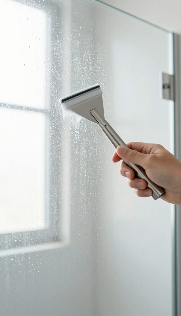 Hand squeegeeing a wet glass shower door to prevent streaks and soap scum