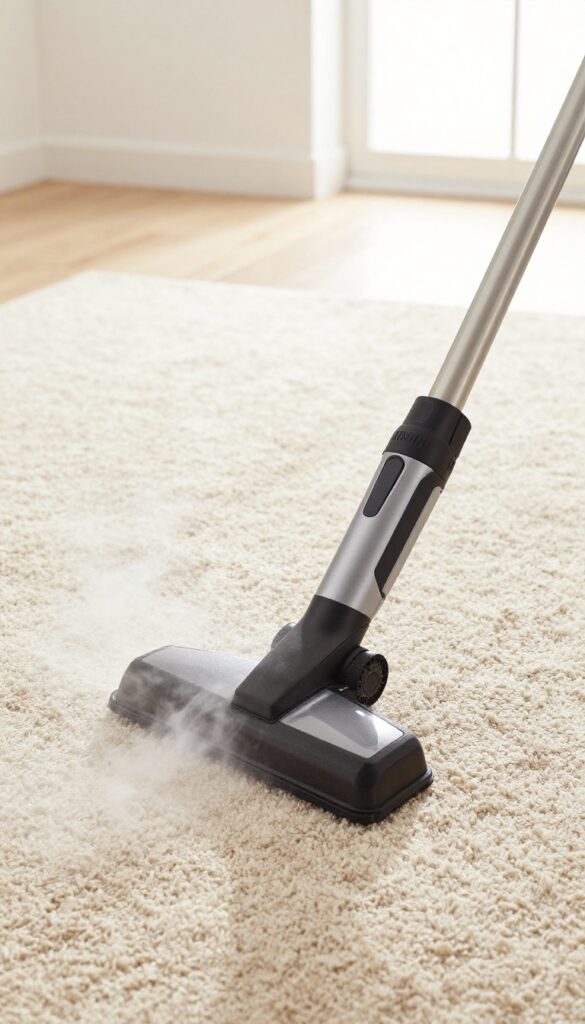 Steam cleaner wand cleaning a beige carpet with steam and bright light