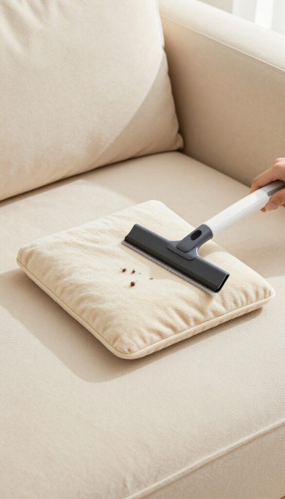 Person using a rubber squeegee to remove pet hair and dust from a microfiber sofa cushion