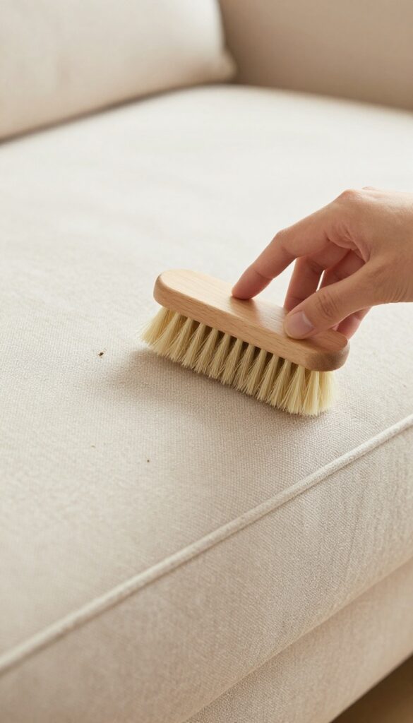 Hand brushing upholstery fabric with soft brush to remove dust and refresh texture