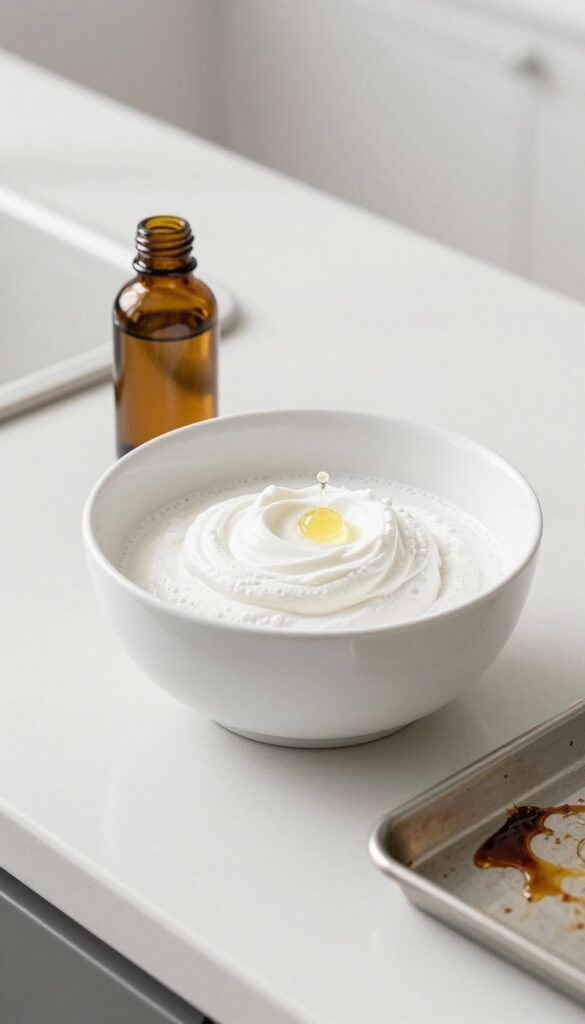 Mixing baking soda paste with lemon essential oil drops in a bowl, with a dirty baking sheet nearby.