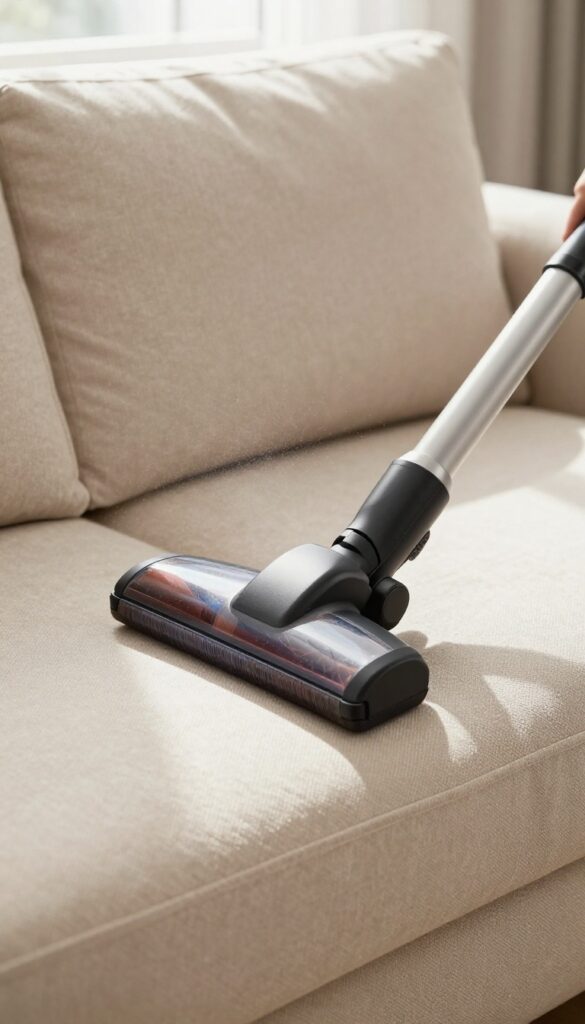 Vacuuming a beige fabric sofa with an upholstery attachment in a bright living room