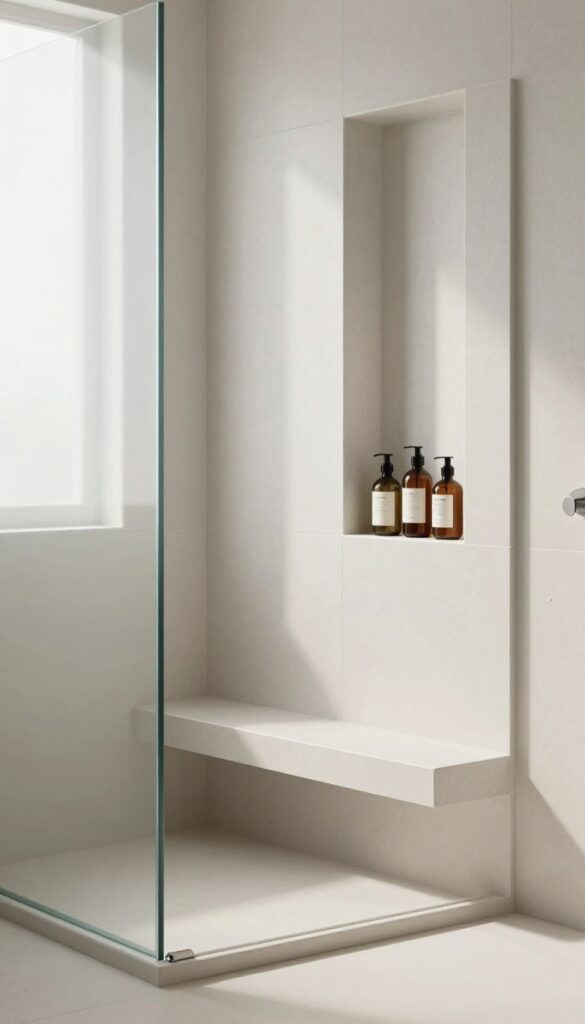 Modern bathroom shower with built-in bench and wall niche for storage, photorealistic bright natural light