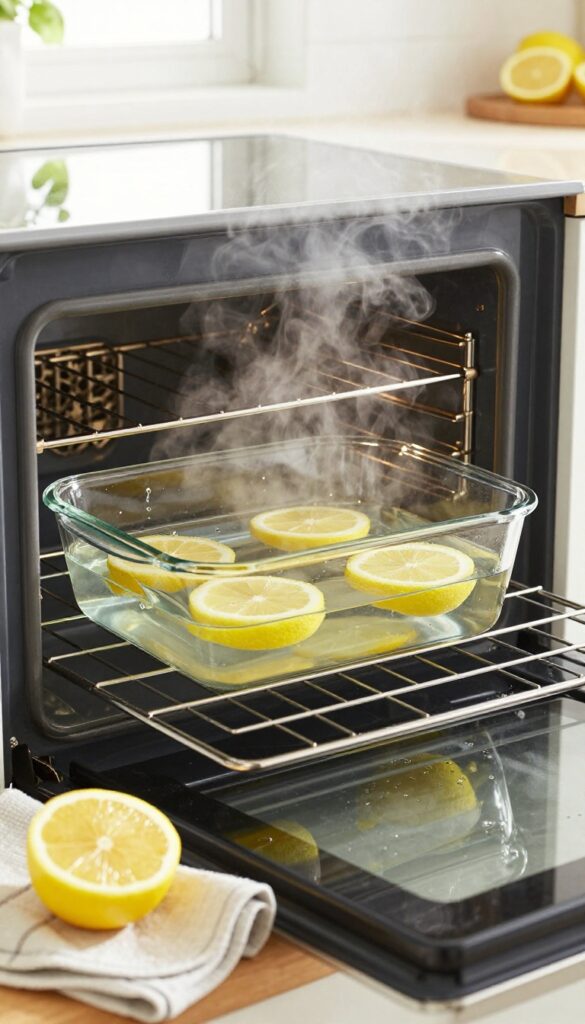 Oven steaming with lemon water in a glass dish, steam rising, lemon slices visible, kitchen window light, clean oven interior.