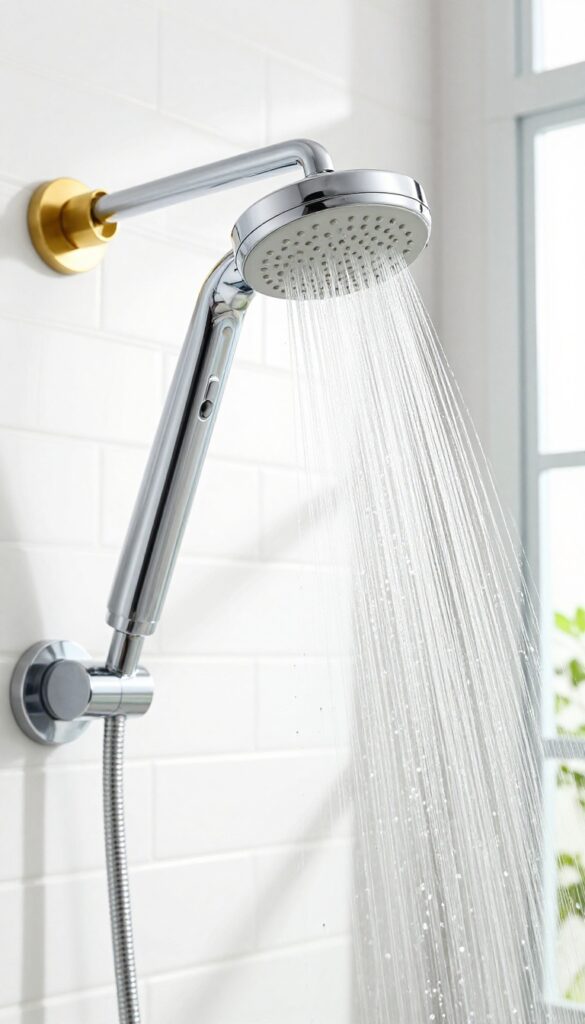 High-pressure fixed shower head with forceful water spray in a modern bathroom