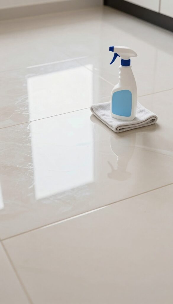 Polished ceramic tile floor with glossy shine, microfiber cloth and spray bottle nearby