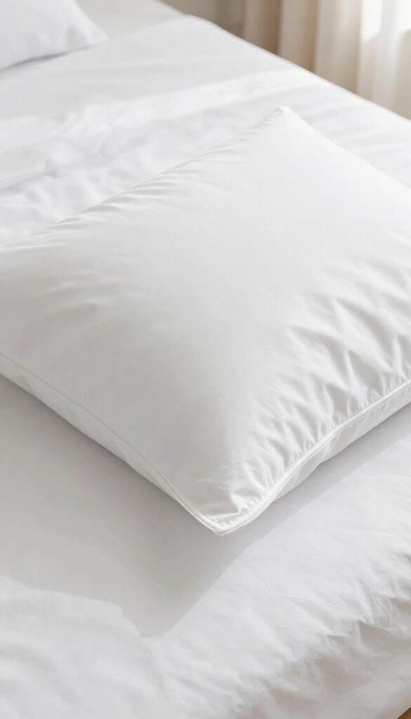 White pillow with a zippered cotton protector on a neatly made bed, bright natural light, clean composition.