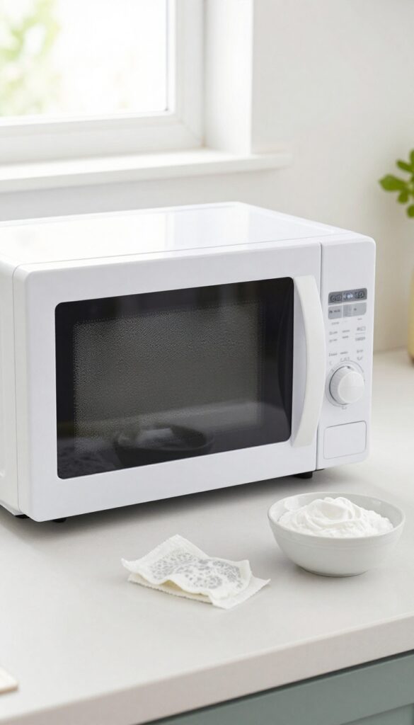 Clean microwave turntable with baking soda paste and sponge on kitchen counter