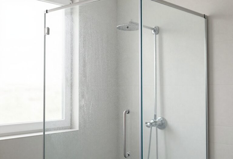Sparkling clean shower glass door with water beads