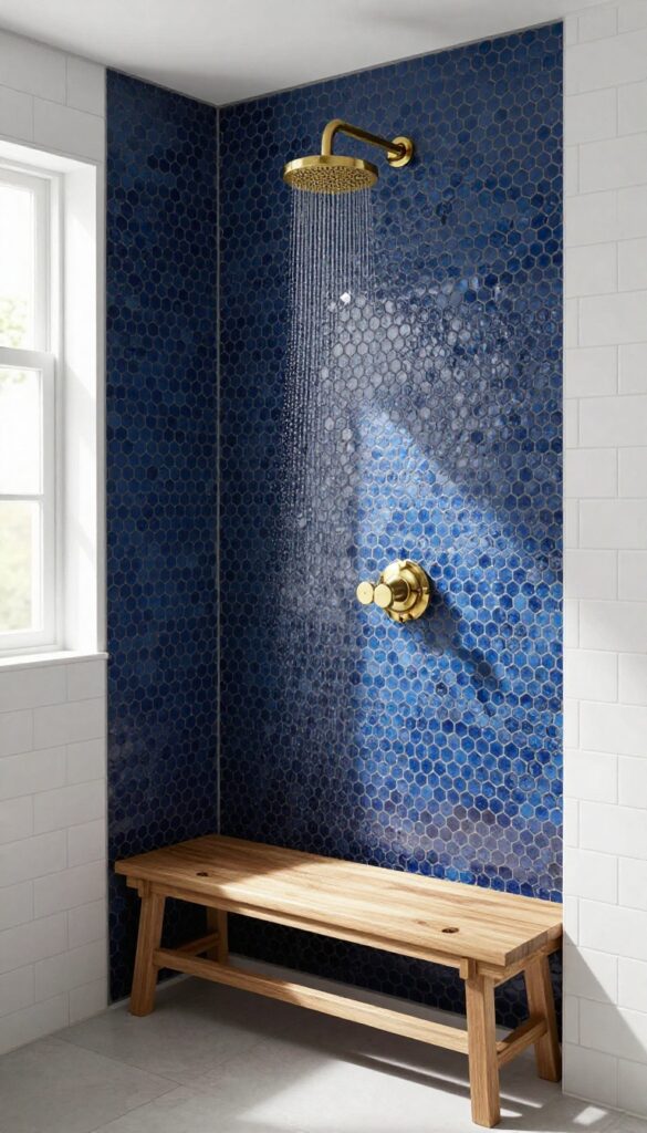Deep navy hexagon mosaic tile shower with brass fixtures and natural light