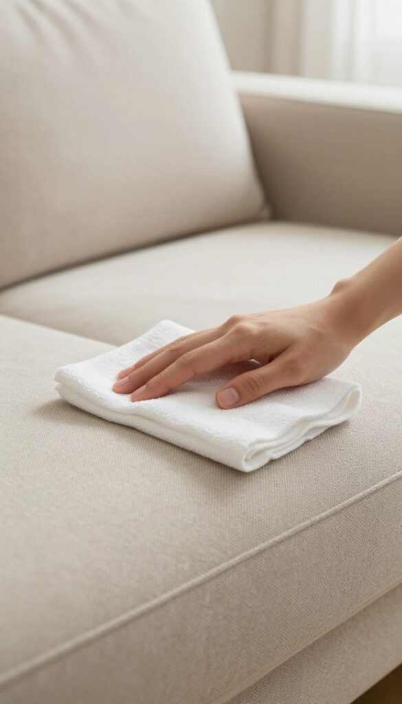 Hand blotting a hidden area of a beige fabric couch with a white cloth to test cleaning method