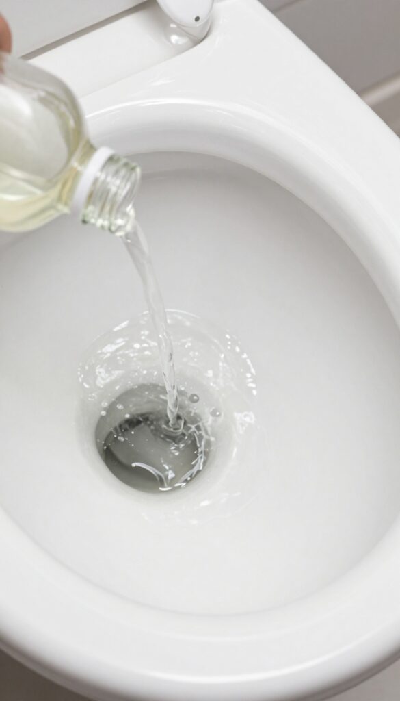 Pouring white vinegar into a toilet bowl to remove hard water stains