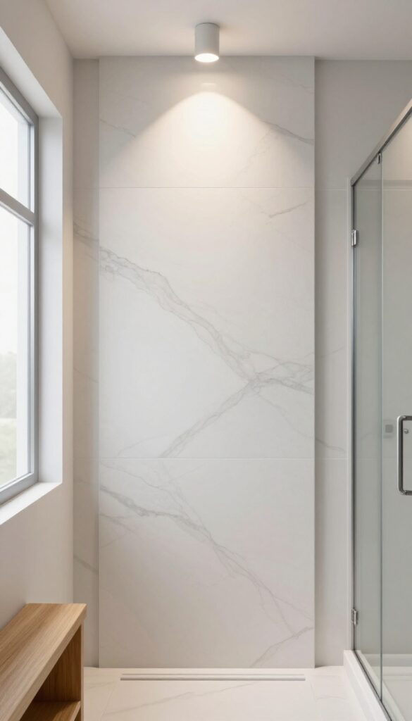 Bright shower with marble-look feature wall and recessed lighting