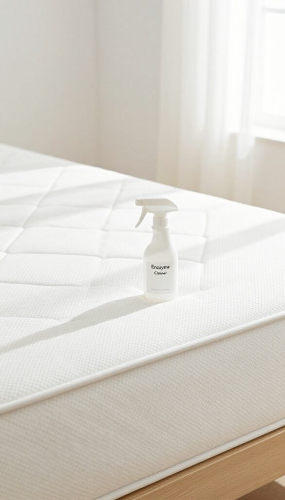 Close-up of a clean mattress with an enzyme cleaner spray bottle, natural light, pet-friendly home cleaning scene.
