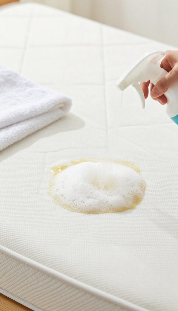 Spraying hydrogen peroxide and baking soda foam on a mattress stain