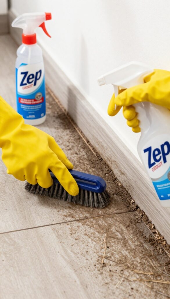 Person scrubbing dirty floor grout with commercial cleaner and brush