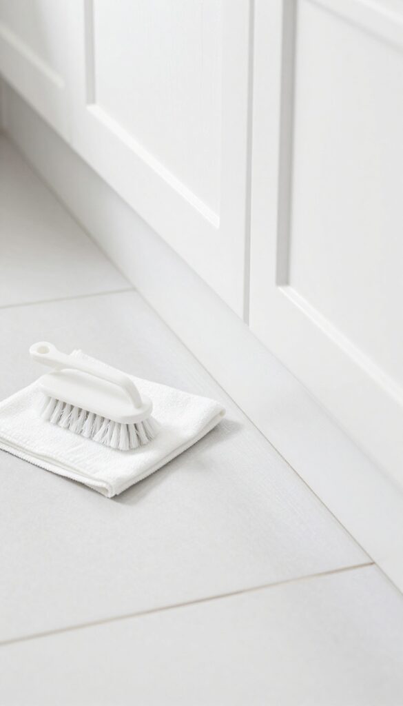 Close-up of wiping kitchen baseboards and floor edges with a microfiber cloth