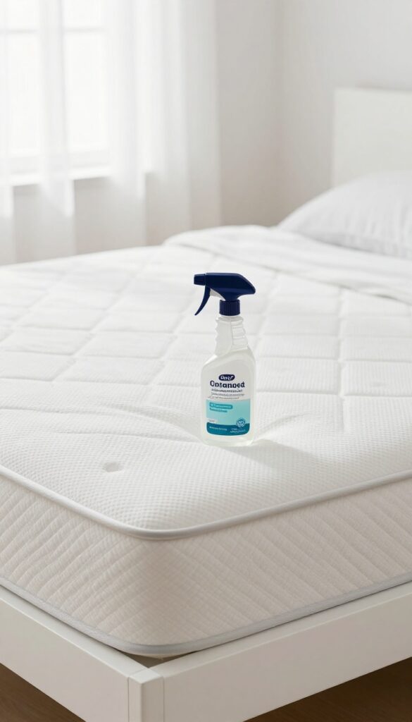 Close-up of a white mattress with a spray bottle of commercial mattress cleaner in a bright bedroom