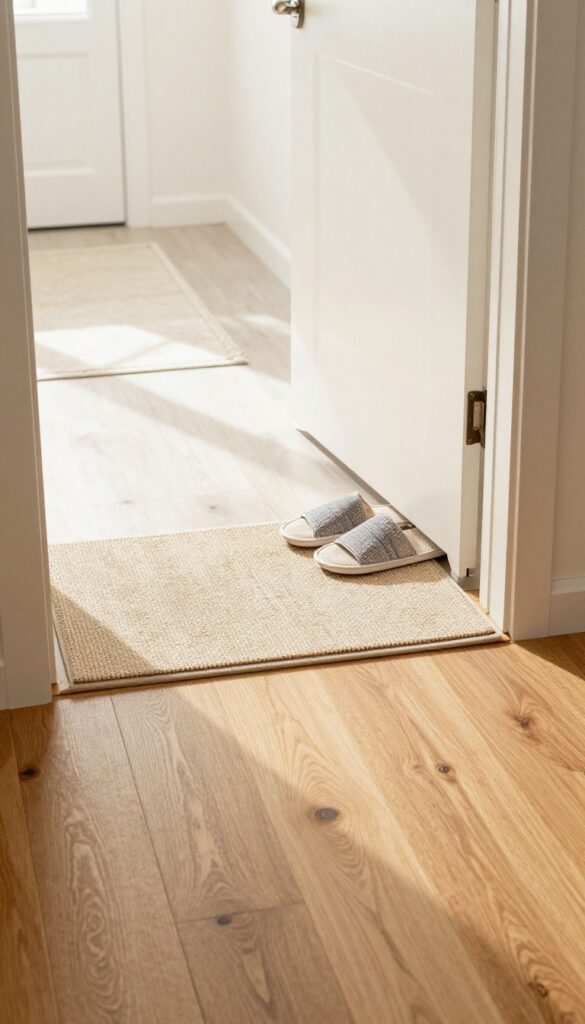 Bright entryway with doormat and no-shoes policy for carpet maintenance