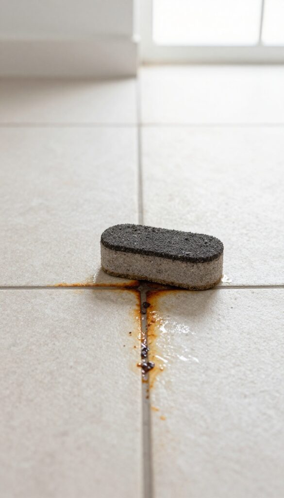 Pumice stone on tile grout, before and after cleaning effect