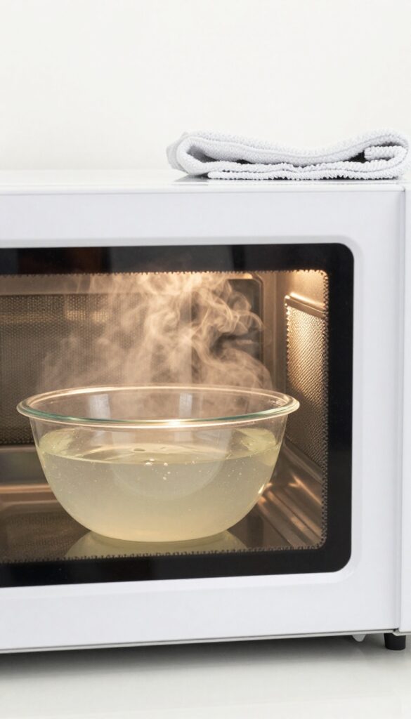 Microwave interior with steaming vinegar bowl and cloth near vent