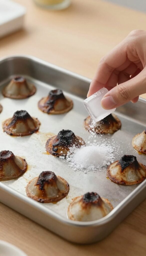 Hand sprinkling coarse salt on burnt cookie sheet with an ice cube nearby